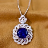 14k Gold 4.87 Ctw Vivid Blue Natural Sapphire & Diamond Pendant