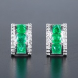 14k Gold 1.36 Ctw Vivid Green Natural Emerald & Diamond Earrings