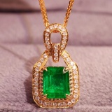 14k Gold 1.29 Ctw Vivid Green Natural Emerald & Diamond Pendant