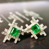 14k Gold 0.99 Ctw Vivid Green Natural Emerald & Diamond Earrings
