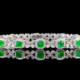 14k Gold 4.39 Ctw Vivid Green Natural Emerald & Diamond Bracelet