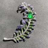14k Gold 2.2 Ct Vivid Green Natural Emerald & Diamond & Sapphire & Tsavorite Brooch