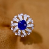 14k Gold 1.82 Ctw Vivid Blue Natural Sapphire & Diamond Ring