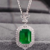 14k Gold 1.99 Ctw Vivid Green Natural Emerald & Diamond Pendant
