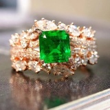 14k Gold 1.75 Ctw Vivid Green Natural Emerald & Diamond Ring