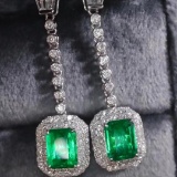 14k Gold 2.76 Ctw Vivid Green Natural Emerald & Diamond Earrings