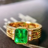 14k Gold 1.16 Ctw Vivid Green Natural Emerald & Diamond Ring