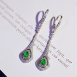 14k Gold 1.72 Ctw Vivid Green Natural Emerald & Diamond Earrings