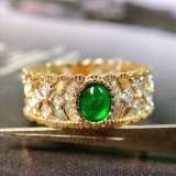 14k Gold 0.39 Ctw Vivid Green Natural Emerald & Diamond Ring