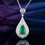 14k Gold 1.47 Ctw Vivid Green Natural Emerald & Diamond Pendant