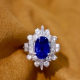 14k Gold 3.77 Ctw Vivid Blue Natural Sapphire & Diamond Ring