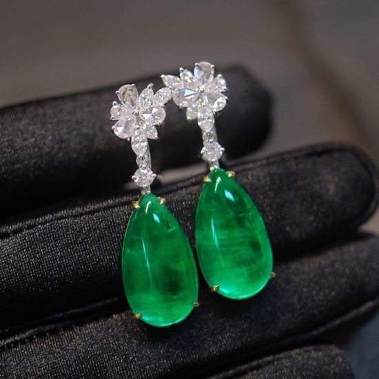 14k Gold 20.51 Ctw Vivid Green Natural Emerald & Diamond Earrings