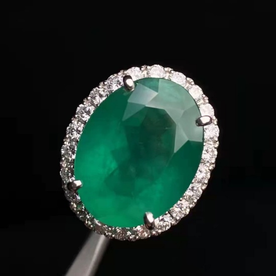 14k Gold 12.07 Ctw Vivid Green Natural Emerald & Diamond Ring