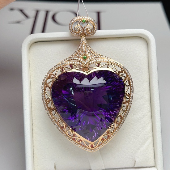14k Gold 199.35 Ct Natural Amethyst & Diamond Pendant