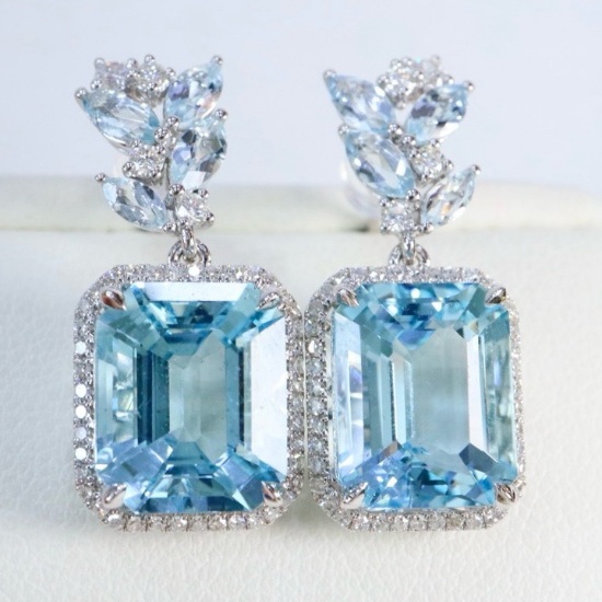 14k Gold 9.35 Ctw Natural Aquamarine & Diamond Earrings