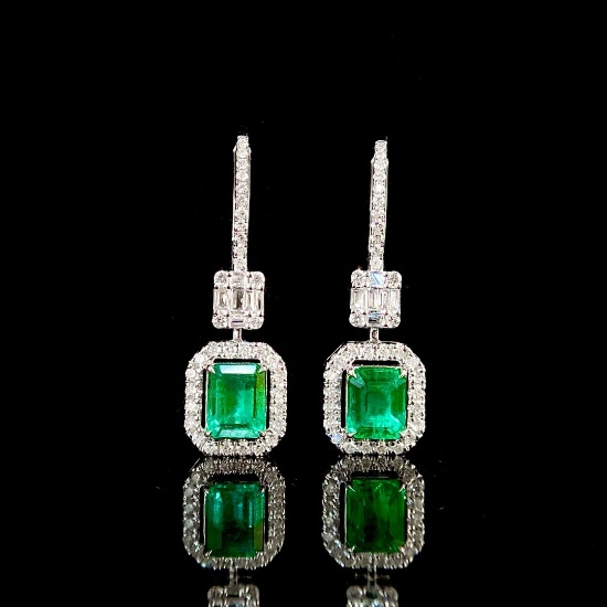 14k Gold 1.13 Ctw Vivid Green Natural Emerald & Diamond Earrings