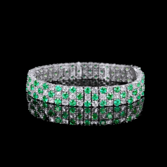 14k Gold 15.47 Ctw Vivid Green Natural Emerald & Diamond Bracelet