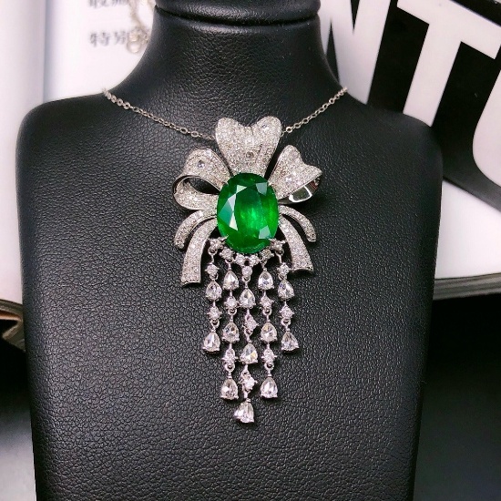 14k Gold 5.93 Ctw Vivid Green Natural Emerald & Diamond Brooch/pendant