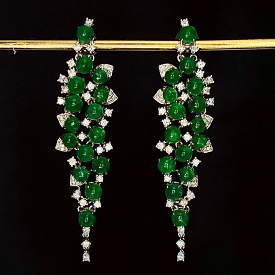 14k Gold 9.65 Ct Vivid Green Natural Emerald & Diamond Earrings
