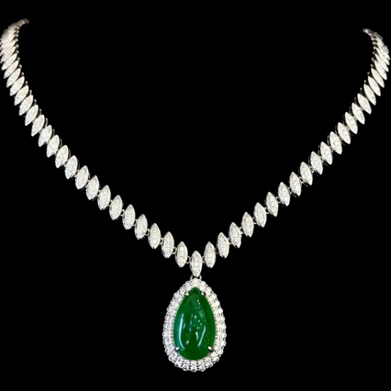 14k Gold 11.15 Ct Vivid Green Natural Emerald & Diamond Necklace