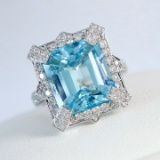 14k Gold 6.42 Ctw Natural Aquamarine & Diamond Ring