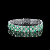 14k Gold 15.47 Ctw Vivid Green Natural Emerald & Diamond Bracelet