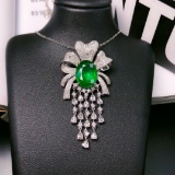 14k Gold 5.93 Ctw Vivid Green Natural Emerald & Diamond Brooch/pendant