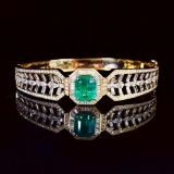 14k Gold 3.10 Ct Vivid Green Natural Emerald & Diamond Bangle