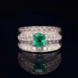 14k Gold 1.75 Ctw Vivid Green Natural Emerald & Diamond Ring