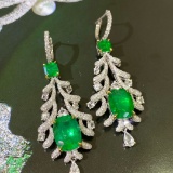 14k Gold 9.12 Ctw Vivid Green Natural Emerald & Diamond Earrings
