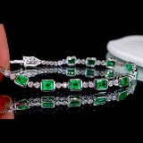 14k Gold 5.35 Ctw Vivid Green Natural Emerald & Diamond Bracelet
