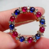 14k Gold 5.03 Ctw Vivid Blue Natural Sapphire & Ruby Brooch