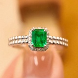 14k Gold 0.65 Ctw Vivid Green Natural Emerald & Diamond Ring