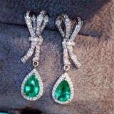 14k Gold 1.88 Ctw Vivid Green Natural Emerald & Diamond Earrings