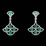 14k Gold 4.31 Ctw Vivid Green Natural Emerald & Diamond Earrings