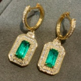 14k Gold 3.34 Ctw Vivid Green Natural Emerald & Diamond Earrings