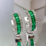 14k Gold 1.09 Ctw Vivid Green Natural Emerald & Diamond Earrings
