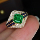 14k Gold 1.71 Ctw Vivid Green Natural Emerald & Diamond Ring