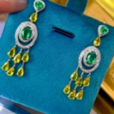 14k Gold 5.79 Ctw Vivid Green Natural Emerald & Diamond Earrings