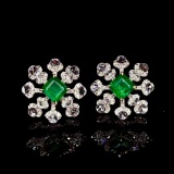 14k Gold 1.60 Ct Vivid Green Natural Emerald & Diamond Earrings