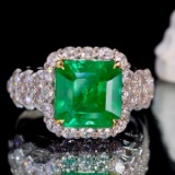 14k Gold 3.16 Ctw Vivid Green Natural Emerald & Diamond Ring