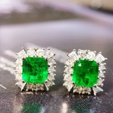 14k Gold 1.62 Ctw Vivid Green Natural Emerald & Diamond Earrings