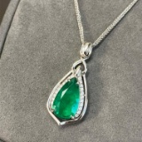 14k Gold 3.39 Ctw Vivid Green Natural Emerald & Diamond Pendant