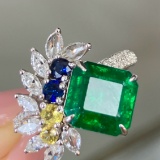 14k Gold 3.66 Ctw Vivid Green Natural Emerald & Diamond Ring