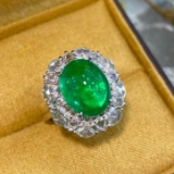 14k Gold 5.47 Ctw Vivid Green Natural Emerald & Diamond Ring