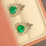 14k Gold 3.12 Ctw Vivid Green Natural Emerald & Diamond Earrings