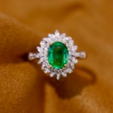 14k Gold 1.33 Ctw Vivid Green Natural Emerald & Diamond Ring