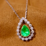 14k Gold 0.97 Ctw Vivid Green Natural Emerald & Diamond Pendant