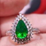 14k Gold 1.30 Ctw Vivid Green Natural Emerald & Diamond Ring