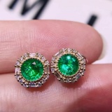 14k Gold 1.2 Ct Vivid Green Natural Emerald & Diamond Earrings